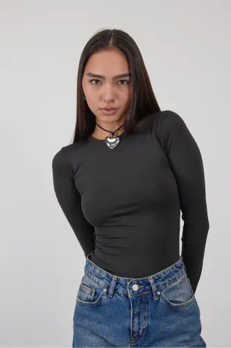 Bisiklet Yaka Uzun Kollu Basic Bluz B0074-G1-Siyah - 4