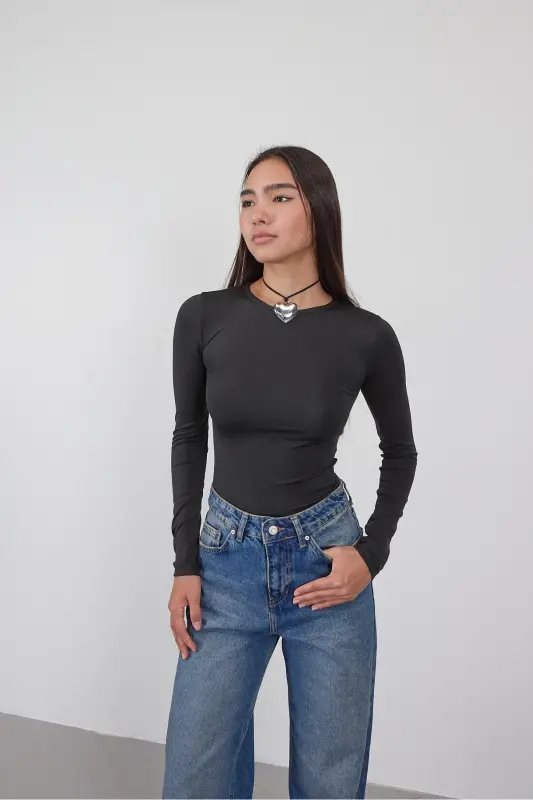 Bisiklet Yaka Uzun Kollu Basic Bluz B0074-G1-Siyah - 6