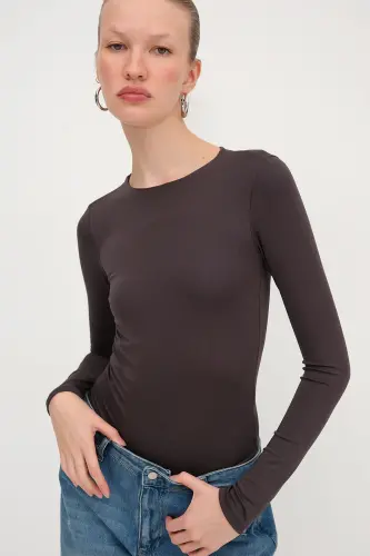Bisiklet Yaka Uzun Kollu Basic Bodysuit Z0107-ASN75-Z.Kahve - ADDAX (1)