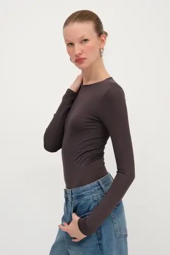 Bisiklet Yaka Uzun Kollu Basic Bodysuit Z0107-ASN75-Z.Kahve - 5