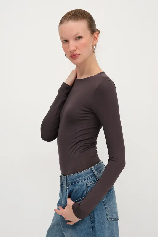 Bisiklet Yaka Uzun Kollu Basic Bodysuit Z0107-ASN75-Z.Kahve - 5