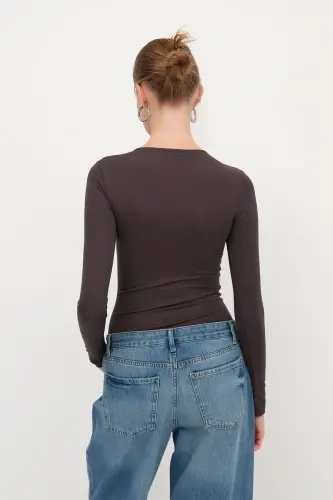 Bisiklet Yaka Uzun Kollu Basic Bodysuit Z0107-ASN75-Z.Kahve - 6