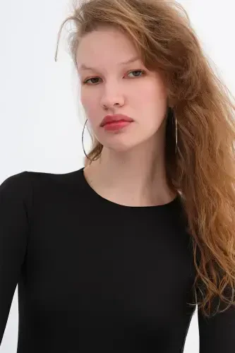 Bisiklet Yaka Uzun Kollu Basic Bodysuit Z0107-ASN75-Siyah - 4