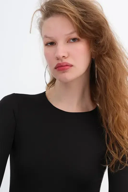 Bisiklet Yaka Uzun Kollu Basic Bodysuit Z0107-ASN75-Siyah - 4