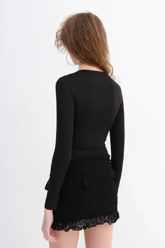 Bisiklet Yaka Uzun Kollu Basic Bodysuit Z0107-ASN75-Siyah - 5