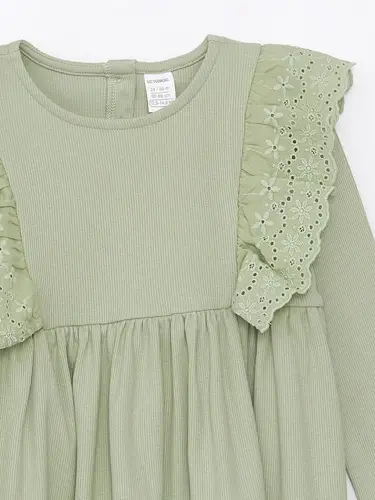 Bisiklet Yaka Uzun Kollu Basic Kız Bebek Elbise-Yeşil - 5