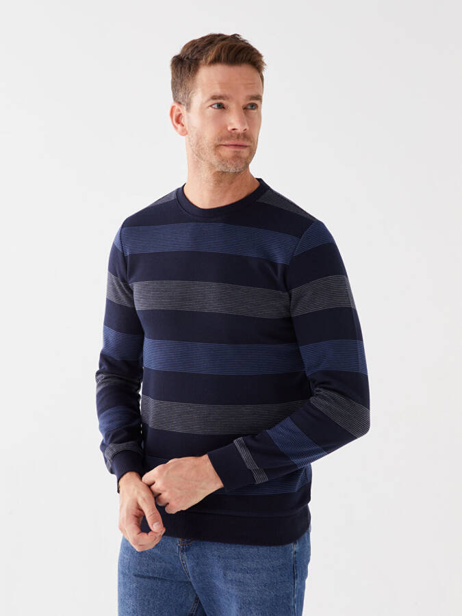 Bisiklet Yaka Uzun Kollu Çizgili Erkek Sweatshirt-Indigo - 1