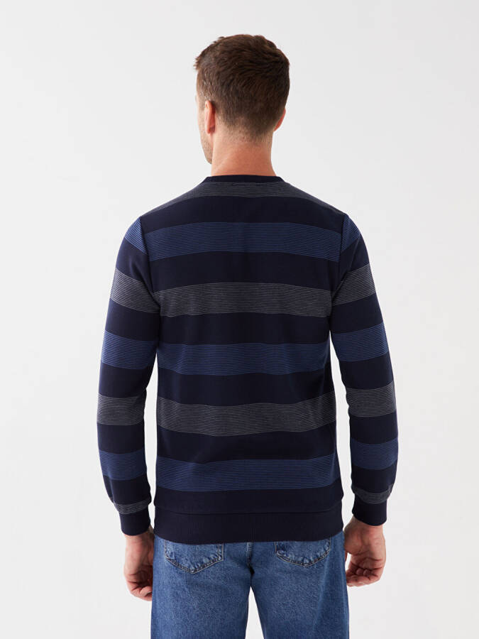 Bisiklet Yaka Uzun Kollu Çizgili Erkek Sweatshirt-Indigo - 5