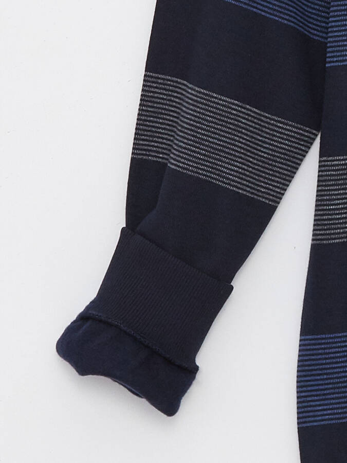 Bisiklet Yaka Uzun Kollu Çizgili Erkek Sweatshirt-Indigo - 8