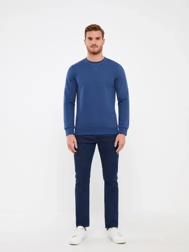 İndigo Bisiklet Yaka Uzun Kollu Erkek Kalın Sweatshirt-İndigo - 5