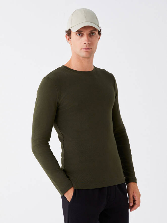 Haki Bisiklet Yaka Uzun Kollu Erkek Sweatshirt-Haki - 1