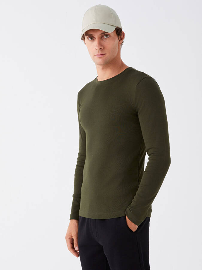 Haki Bisiklet Yaka Uzun Kollu Erkek Sweatshirt-Haki - 2