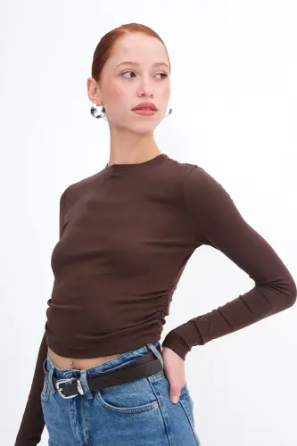 Yanları Büzgülü Basic Bluz B4164-U13-Kahve - 4