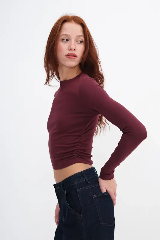 Yanları Büzgülü Basic Bluz B4164-U13 - Bordo - 2