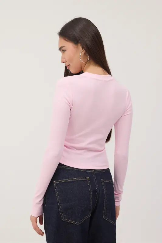 Bisiklet Yaka Yanları Büzgülü Basic Bluz B4164-U13 - Pembe - 5