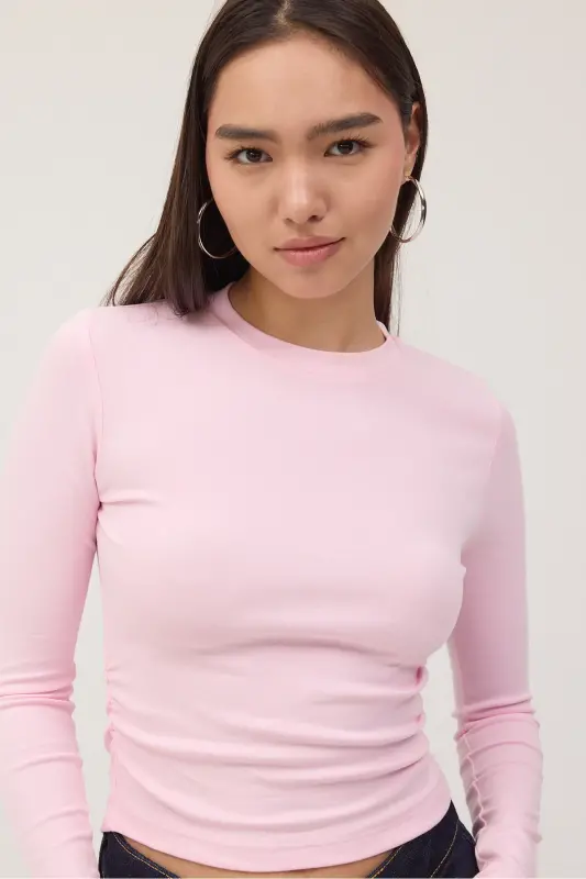 Bisiklet Yaka Yanları Büzgülü Basic Bluz B4164-U13 - Pembe - 6