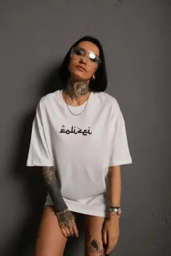 Bisiklet Yakalı Sırt Baskılı Oversize T-Shirt - Beyaz - BÜYÜKBEDENIZ (1)