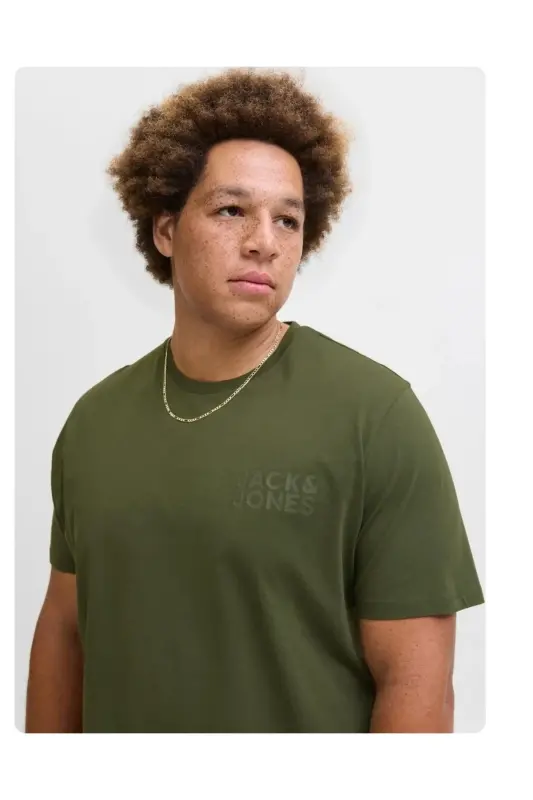 Bisiklet Yuvarlak Yaka Logo Baskili Büyük Battal Beden Tisört Haki-Haki - JACK & JONES