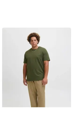 Bisiklet Yuvarlak Yaka Logo Baskili Büyük Battal Beden Tisört Haki-Haki - JACK & JONES (1)