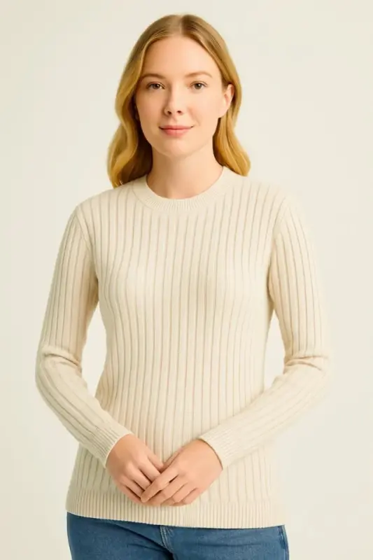 Bisiklet Yuvarlak Yaka Triko Kazak Pamuklu Kalın Fitilli Dokuma, Regular Fit Uzun Kollu Kışlık Model - Bej - 1