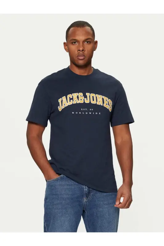 Biskvit Yoqa Logo Baskili Tisört Lacivert-Navy - JACK & JONES