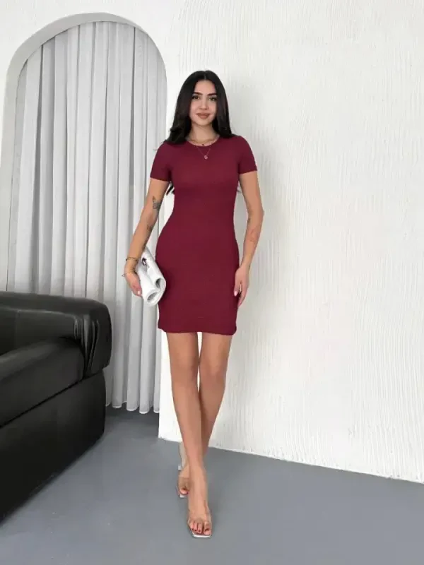 Bismiklet Yaka Qisqa Qol Likrali Ko'ylak - Bordo - 2