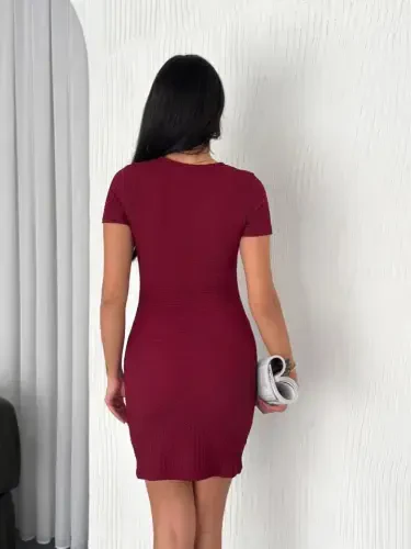 Bismiklet Yaka Qisqa Qol Likrali Ko'ylak - Bordo - 3