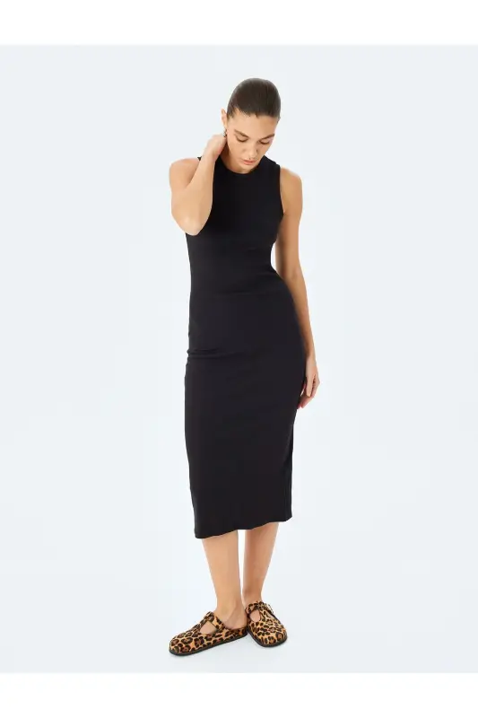 Bismikor Yoqa Yengsiz Slim Fit Midi Qalam Ko'ylak-Qora - KOTON