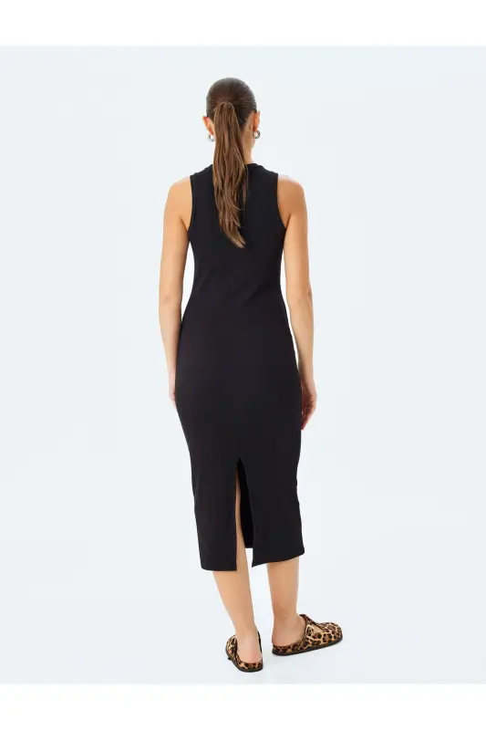 Bismikor Yoqa Yengsiz Slim Fit Midi Qalam Ko'ylak-Qora - 4