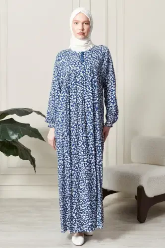 Бюзгю Робадан Önü Düğmeli Viskon Kumaş Tessetür Giyim Anne Elbisesi Namaz Elbisesi-Mavi21 - 3