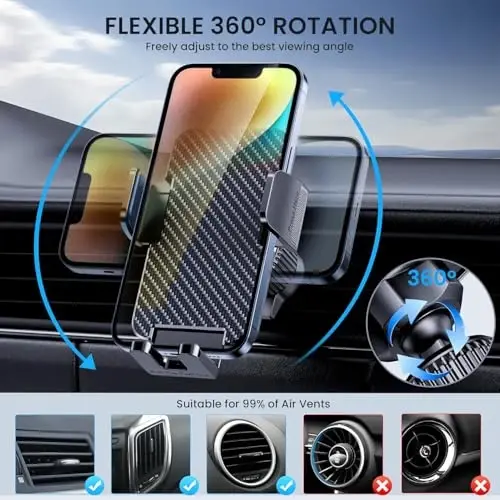 Car Phone Holder for Your Car [Thick Case Friendly] Automobile Accessories Air Vent 360 Degree Rotation [Super Stable] Dashboard Cell Phone Holder Fit for iPhone Android Smartphone - BIVGAZA (1)