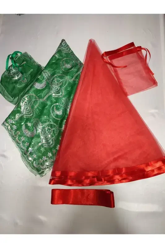 Biye Trimmed Red Bride And Tughra Groom Henna Cover Glove And Belt With Henna Special Veil Set-Red - 1