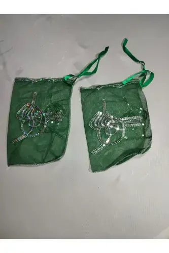 Biye Trimmed Red Bride And Tughra Groom Henna Cover Glove And Belt With Henna Special Veil Set-Red - 7