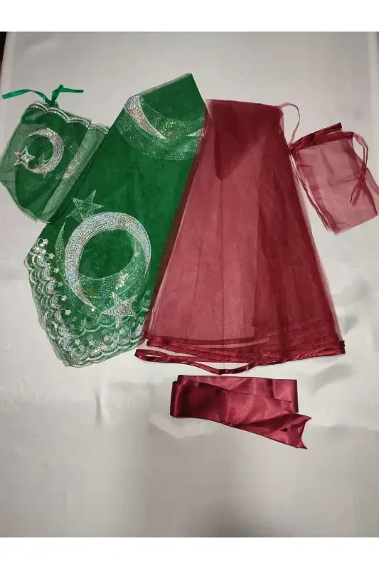 Biyeli Bordo Gelin Ve Ayyıldız Damat Kına Örtüsü Eldiveni Ve Kemeri Ile Kına Özel Duvak Seti-Bordo - SIRMALIHOME