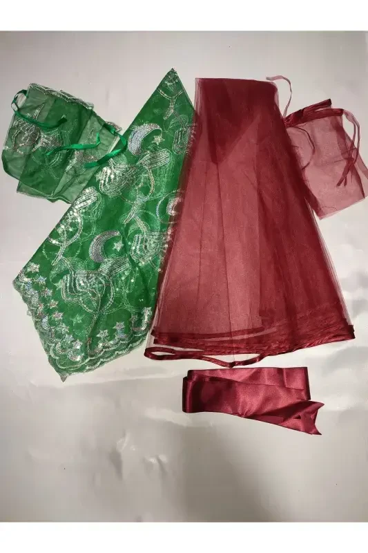 Biyeli Bordo Gelin Ve Tuğra Damat Kına Örtüsü Eldiveni Ve Kemeri Ile Kına Özel Duvak Seti-Bordo - SIRMALIHOME