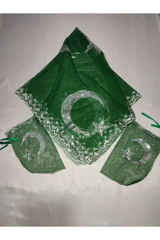 Biyeli Bordo Kelin Va Oy Yıldız Kuyov Xina Oʻrtisi Qoʻlqopi Va Kamari Bilan Xina Maxsus Doʻppisi Toʻplami-Bordo - 3