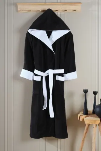 Biyeli Kapşonlu Bambu Bornoz-SİYAH - 3