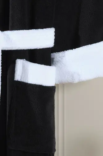 Biyeli Kapşonlu Bambu Bornoz-SİYAH - 5