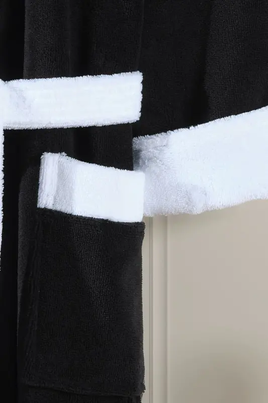 Biyeli Kapşonlu Bambu Bornoz-SİYAH - 5