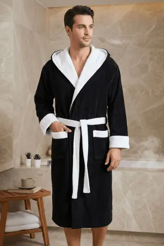 Biyeli Kapşonlu Bambu Bornoz-SİYAH - VAROL (1)