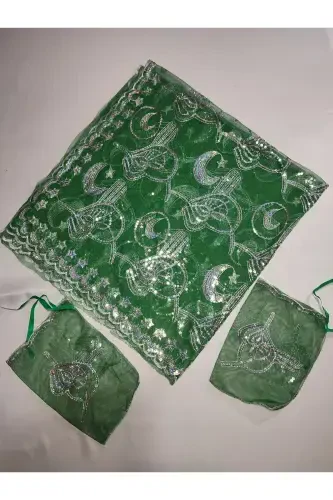 Biyeli Kırmızı Gelin Ve Tuğra Damat Kına Örtüsü Eldiveni Ve Kemeri Ile Kına Özel Duvak Seti-Kırmızı - 5