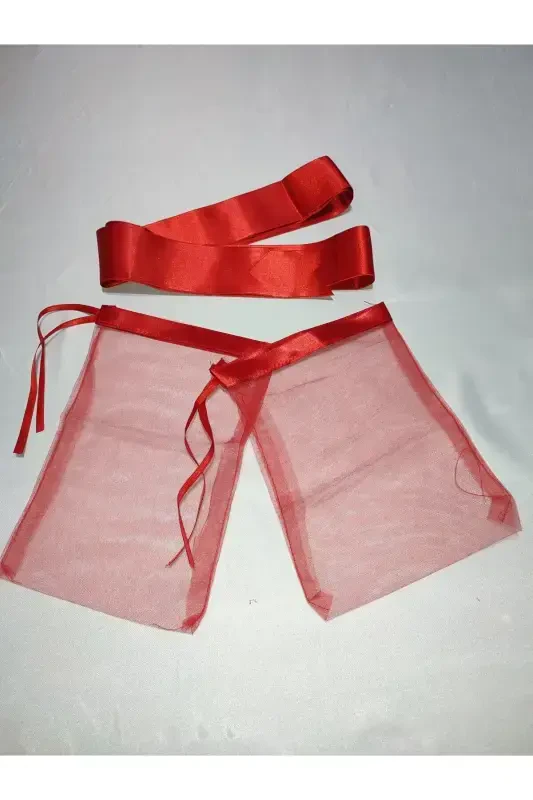 Biyeli Kırmızı Gelin Ve Tuğra Damat Kına Örtüsü Eldiveni Ve Kemeri Ile Kına Özel Duvak Seti-Kırmızı - 6