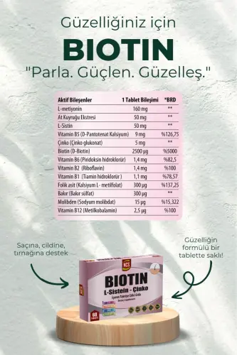 Biotin Folic Acid 60 Tablet L-sistein Metiyonin 2500 Mcg Çinko Vitamin B12 - 6