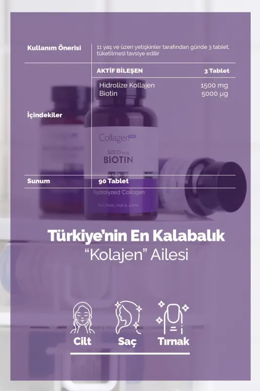 Saç Vitamini, Cilt & Tırnak, Biotin 5000mcg & Kolajen 1500mg X 90 Tablet - 4