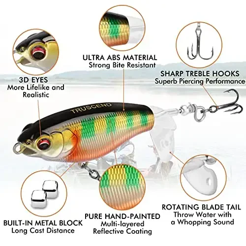 TRUSCEND Top Water Fishing Lures with BKK Hooks, Whopper Lure for Freshwater or Saltwater, Floating Lures for Bass Catfish Pike, Surface Wobble PoPobait Bass Baits Teasers Fishing Gifts for Men - TRUSCEND (1)