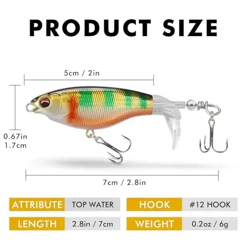 TRUSCEND Top Water Fishing Lures with BKK Hooks, Whopper Lure for Freshwater or Saltwater, Floating Lures for Bass Catfish Pike, Surface Wobble PoPobait Bass Baits Teasers Fishing Gifts for Men - 6