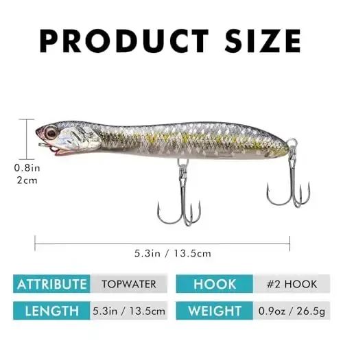 TRUSCEND Top Water Fishing Lures with BKK Hooks, Whopper Lure for Freshwater or Saltwater, Floating Lures for Bass Catfish Pike, Surface Wobble PoPobait Bass Baits Teasers Fishing Gifts for Men - 6