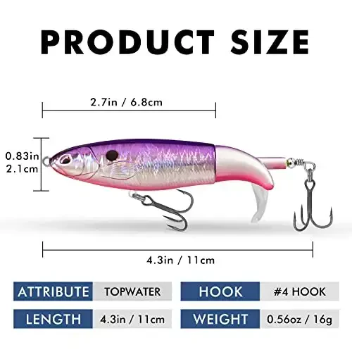 TRUSCEND Top Water Fishing Lures with BKK Hooks, Whopper Lure for Freshwater or Saltwater, Floating Lures for Bass Catfish Pike, Surface Wobble PoPobait Bass Baits Teasers Fishing Gifts for Men - 6
