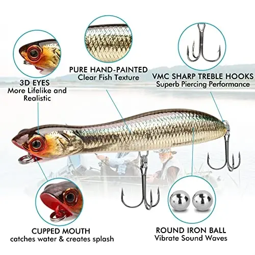 TRUSCEND Top Water Fishing Lures with BKK Hooks, Whopper Lure for Freshwater or Saltwater, Floating Lures for Bass Catfish Pike, Surface Wobble PoPobait Bass Baits Teasers Fishing Gifts for Men - TRUSCEND (1)