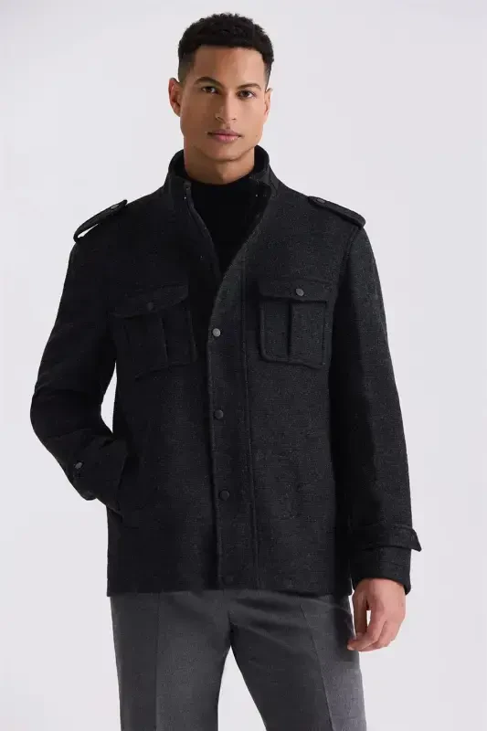 Black-1 Slim Fit Judge Collar Epaulette Patterned Sport Trench Coat - JAKAMEN